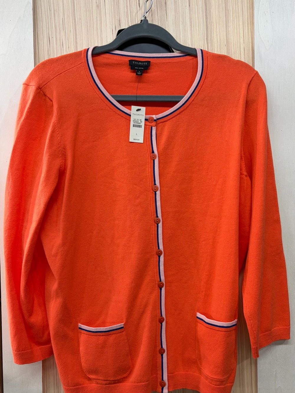 Talbots Bright Orange Cardigan with Navy & White Trim